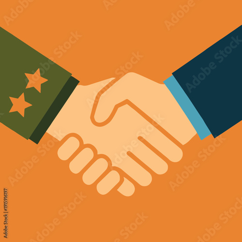 Two hands shaking, one in military sleeve and one in civilian sleeve, flat vector illustration