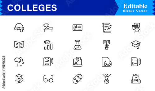 College Education Line Icon Set: Professional, Minimal, Editable Vector Collection for Academic Design