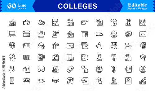 College Education Line Icon Set: Professional, Minimal, Editable Vector Collection for Academic Design