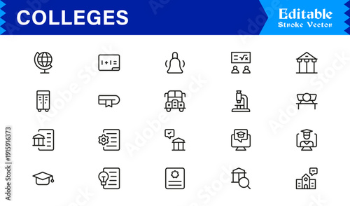 College Education Line Icon Set: Professional, Minimal, Editable Vector Collection for Academic Design