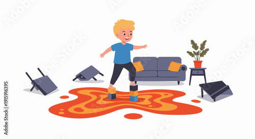 Child playing 'The Floor Is Lava' game indoors, balancing on toy blocks amidst overturned furniture and imaginative play.