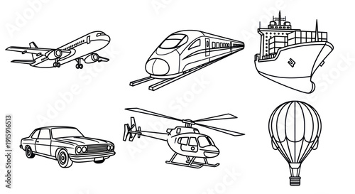 Black and white line art illustration of different transportation types including airplane, train, ship, car, helicopter, and hot air balloon, ideal for educational and design projects