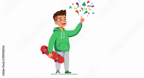 Smiling teenage boy holding a skateboard and pointing up to colorful abstract shapes, symbolizing creativity, new ideas, or fun.