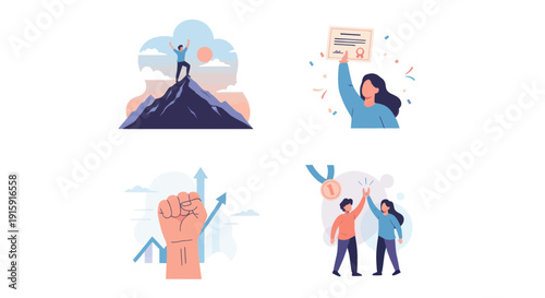 Achievement and success concept illustrations set with mountain climbing, certificate, rising fist, and high five celebrating victory and motivation