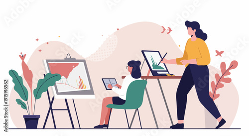 Modern Female Collaboration in Business: Colleagues Analyzing Data and Creating Digital Presentations in a Minimalist Office.