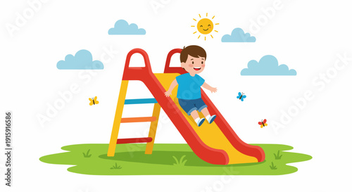 Cartoon illustration of a cheerful child playing on a park slide enjoying outdoor summer fun.