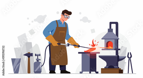 Blacksmith heating metal with a torch at the forge, illustrating professional craftsmanship and traditional industry labor.