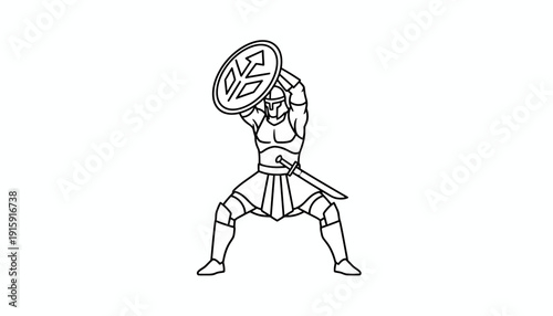 Warrior with Sword and Shield, Ancient Fighter, Battle Pose, Line Art