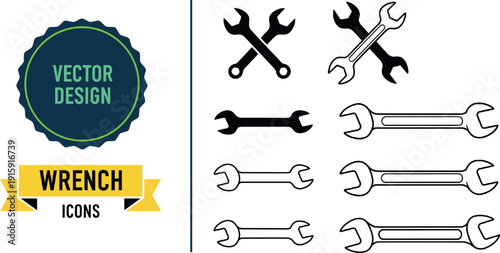 Set of flat wrench icons in solid and outline styles for repair, mechanics, maintenance and tool design vector collection
