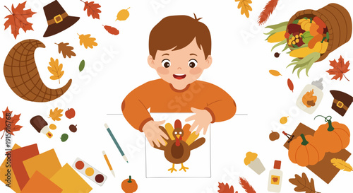 Happy child doing Thanksgiving crafts, drawing a turkey surrounded by autumn leaves, harvest symbols, and holiday decorations.