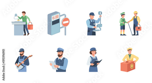 Set of diverse workers including technician, postal worker, gardener, inspector, engineer, and delivery person, ideal for business and profession illustrations