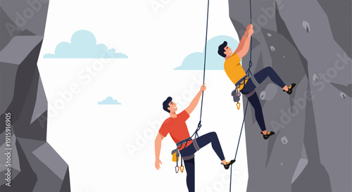 Illustration of two male climbers scaling a steep rock face, demonstrating teamwork, adventure, and safe mountain sports.