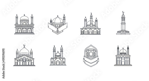 Set of eight minimalist mosque icons with domes and minarets, line art style for Islamic and religious design projects