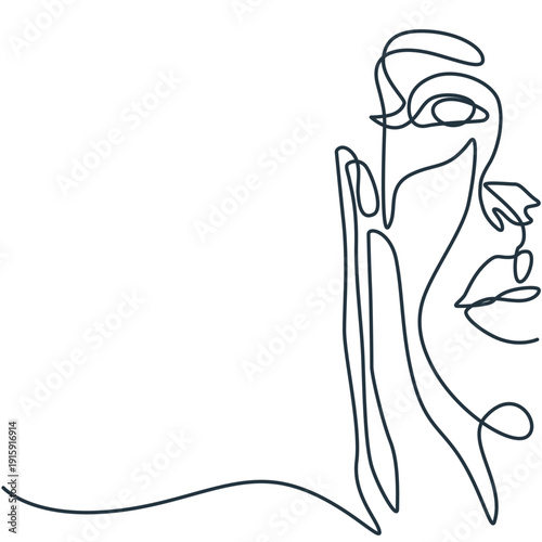 Young woman's face with hand on cheek one line drawing. Young woman's face with hand on cheek single line illustration. Young woman's face with hand on cheek minimalist line art