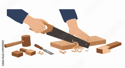 Hands Sawing Wooden Plank: Illustration of Carpentry Craftsmanship, Showing Hand Tools, Wood Shavings, Mallet, and Chisel.