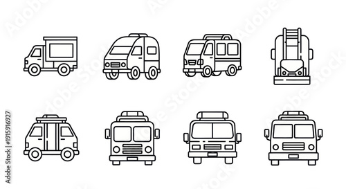 Set of hand-drawn firefighting vehicles and fire trucks icons in line art style, outline emergency rescue transport illustrations for safety and fire services design