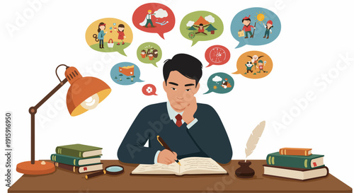 Creative man writing at a desk, surrounded by thought bubbles illustrating memories, imagination, and adventure stories.