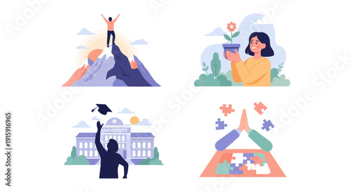Set of motivational and achievement concepts including mountain climbing success, gardening growth, university graduation, and teamwork puzzle solving illustrations