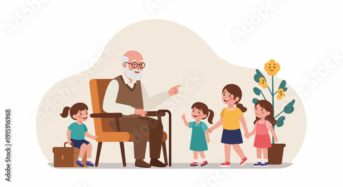 Grandfather sitting in a chair telling stories and spending time with his four cheerful young granddaughters.