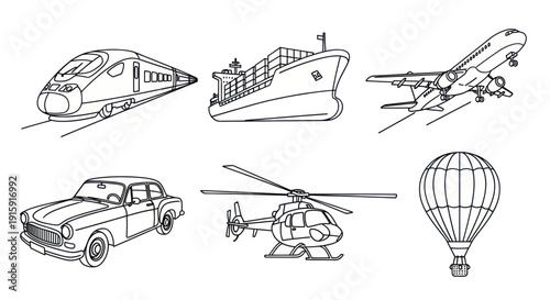 Set of transportation icons including train, cargo ship, airplane, vintage car, helicopter, and hot air balloon, perfect for travel and transport designs