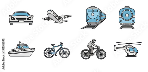 Set of various transportation icons including car, airplane, train, boat, bicycle, cyclist, and helicopter, perfect for travel and transport design