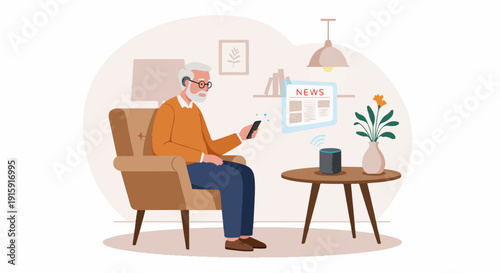 Elderly man uses a smart speaker and smartphone application to access news and information while relaxing in his armchair.