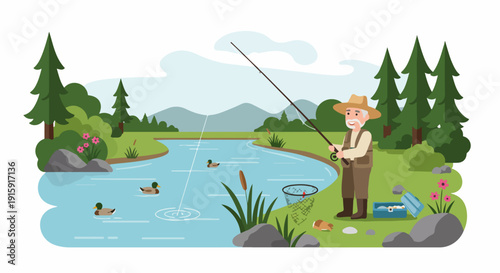 Happy senior man fishing by a forest river, enjoying nature and retirement outdoor leisure.