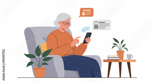 Elderly woman sitting in an armchair reading news headlines on her smartphone at home.