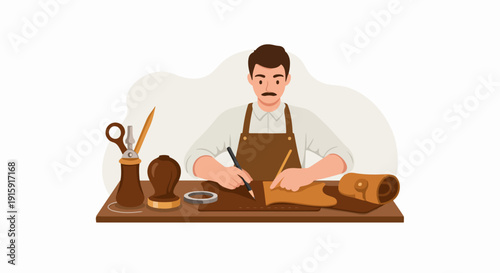 Skilled male leather craftsman working on handmade goods, utilizing traditional tools and techniques at his workbench.