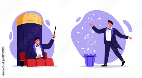 Smiling conductor in a tuxedo performing music on stage, symbolizing artistic creation, concert, and theater performance.