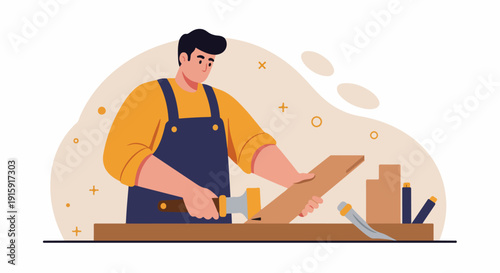 Vector illustration of a carpenter working on wood with a chisel, representing woodworking, craft, DIY hobbies, and professional trade.
