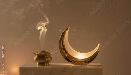 Golden crescent moon and rising incense smoke establish a serene and contemplative atmosphere, symbolizing spiritual peace, traditional rituals, and mindful reflection