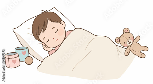 Cute vector illustration of a peaceful child sleeping soundly under a blanket with a teddy bear on a white background.