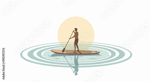 Minimalist illustration of a person paddleboarding on calm water against a setting sun backdrop, emphasizing tranquility and water sports.
