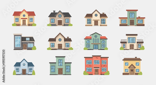 Modern House Illustration Collection: Set Colorful Residential Building Vector Icons for Real Estate and Web Design