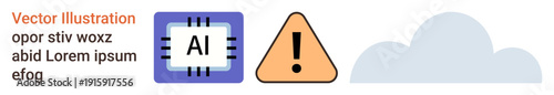Technology risks, cloud computing, AI ethics, data warnings, artificial intelligence operations, digital safety. AI chip, warning sign cloud symbol. Technology risks and AI ethics