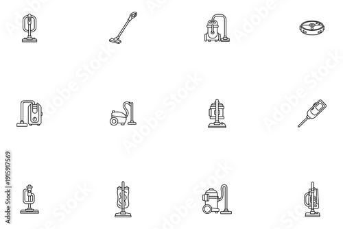 Vacuum cleaner line icons set, variety of home cleaning equipment symbols
