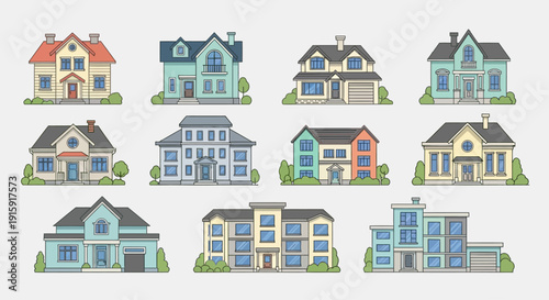 Modern House Illustration Collection: Set Colorful Residential Building Vector Icons for Real Estate and Web Design