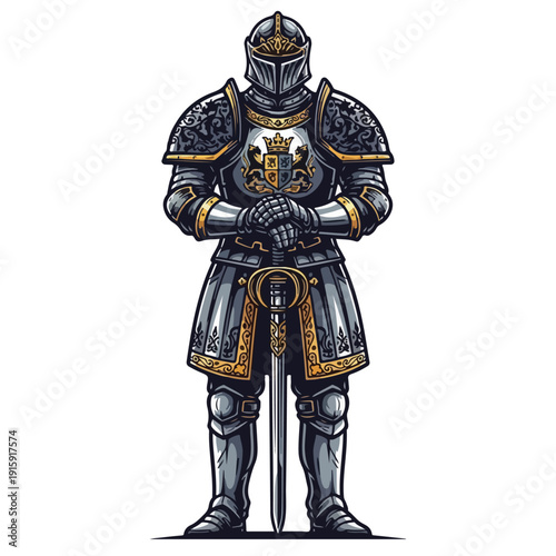 Knight in Full Armor Standing with Sword