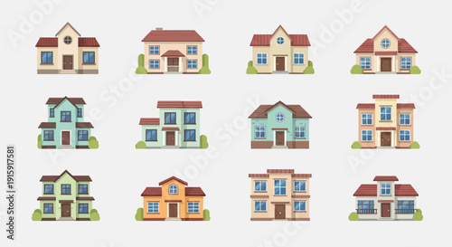 Modern House Illustration Collection: Set Colorful Residential Building Vector Icons for Real Estate and Web Design