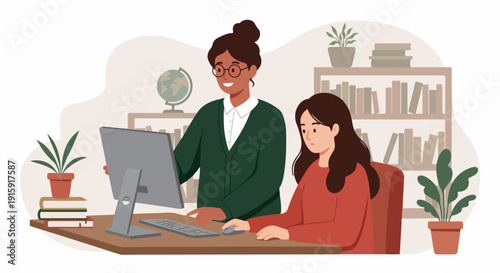 Female mentor assisting student with computer skills in a library or learning environment.