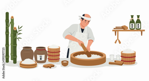 Traditional Japanese craftsman preparing rice ingredients and brewing sake in a stylized illustration with bamboo and ceramic fermentation jars.