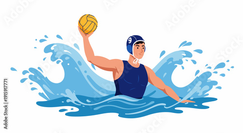 Water Polo Player Holding Ball Above Water Ready to Throw in Dynamic Splash Illustration.