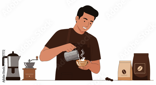 Smiling Barista Pouring Milk for Latte Art Illustration, showcasing coffee making process with grinder and bags.
