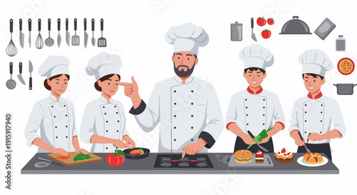 Professional chef team cooking and preparing food, featuring kitchen utensils and ingredients, illustration vector on white background.