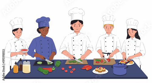Diverse team of professional female chefs collaborating in a commercial kitchen, chopping vegetables and preparing culinary dishes.