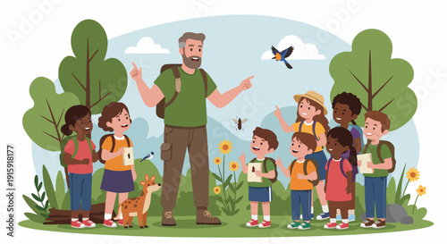 Happy children on a nature field trip with a guide, learning about birds and insects in the forest.