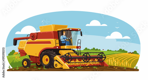 Farmer Operating Combine Harvester in Wheat Field Illustration: Modern Agricultural Harvesting Machine Working on Farmland During Summer.