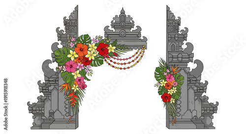Balinese Temple Gate Decorated with Tropical Flowers and Foliage