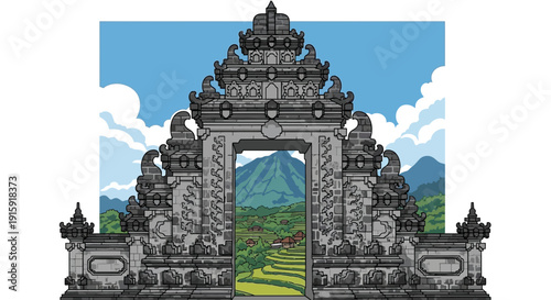 Balinese Temple Gate Entrance With Mountain Landscape View